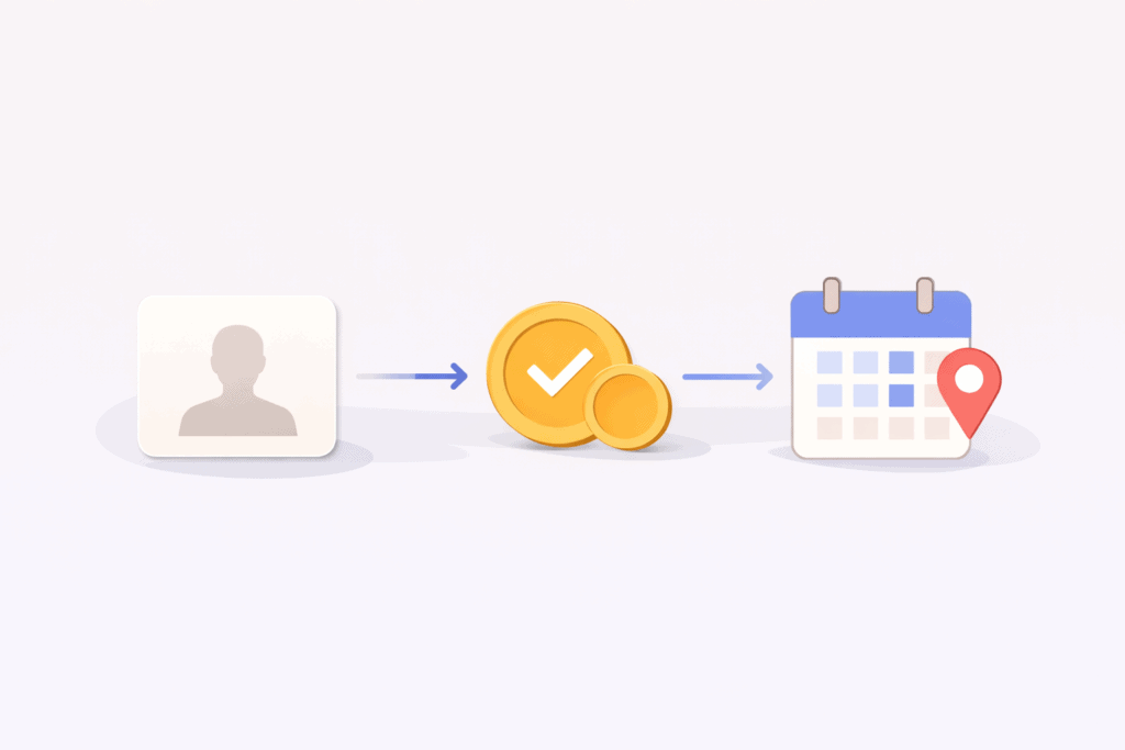 Breeze review diagram showing how a  match becomes a scheduled date using a paid date token