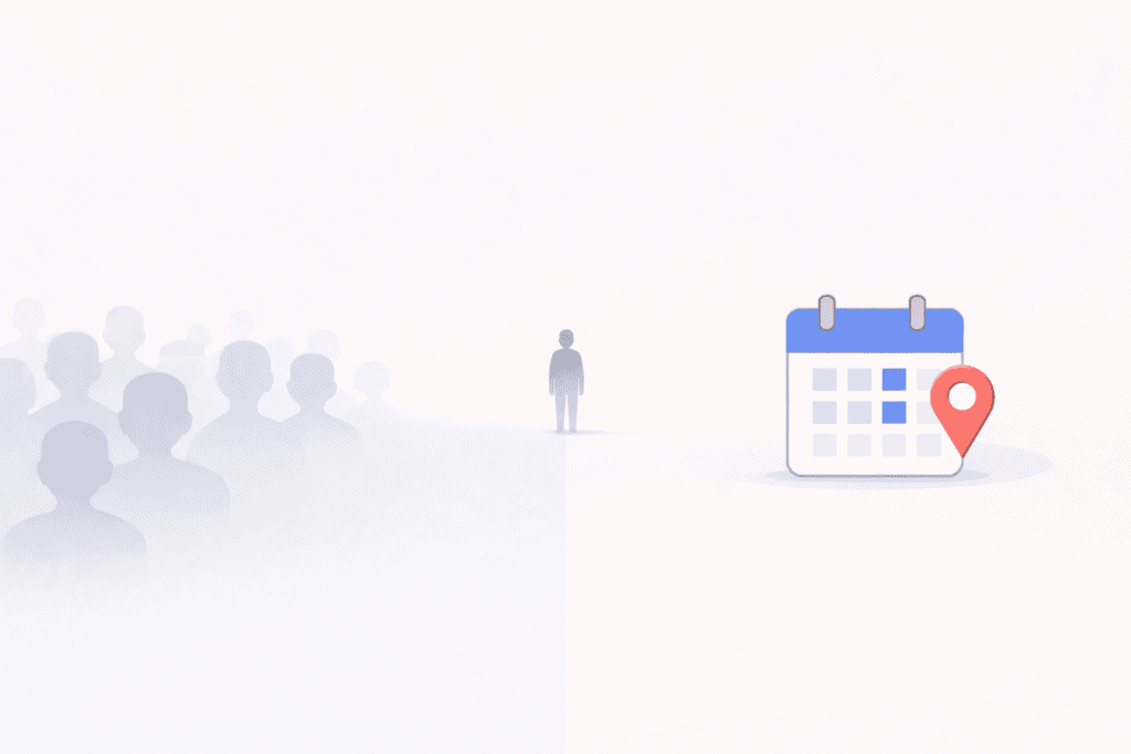 Conceptual illustration comparing endless browsing with a single scheduled date