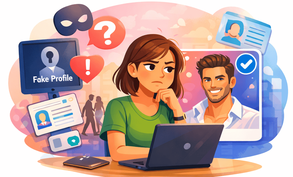 Woman questioning whether a verified dating app profile is real or fake