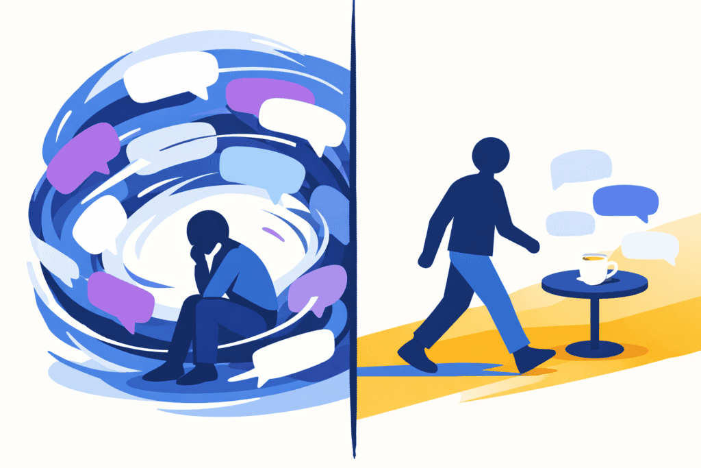 Illustration showing a person stuck in a loop of chat messages contrasted with a person walking toward a simple coffee meetup