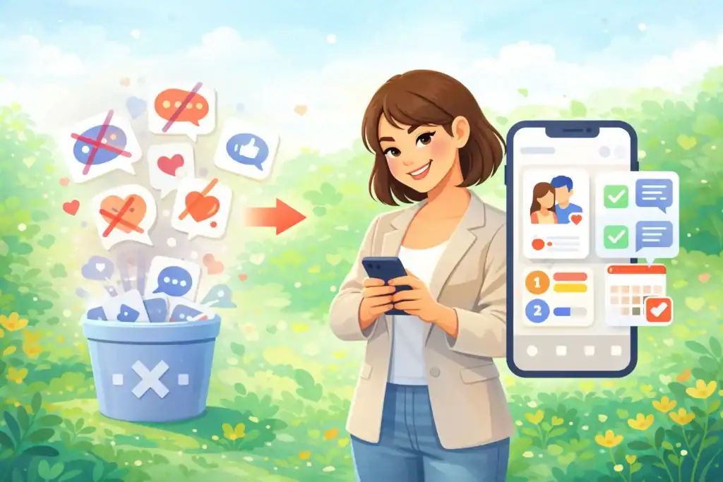 Illustration of a confident woman filtering out generic dating advice on her phone while focusing on practical tips that lead to real matches and dates.
