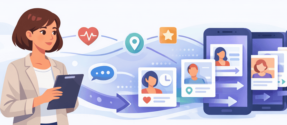 Dating app algorithm illustration showing profile matching system with activity signals, location data, and user engagement metrics feeding into mobile dating platforms