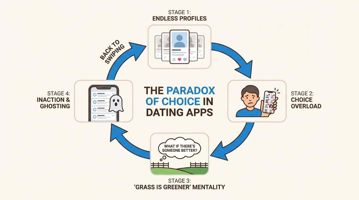 Diagram explaining how choice overload causes dating app decision fatigue