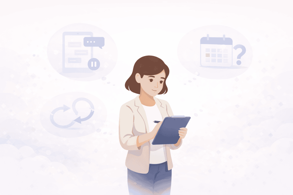 Illustration showing a reviewer observing real dating app usage patterns and decision points
