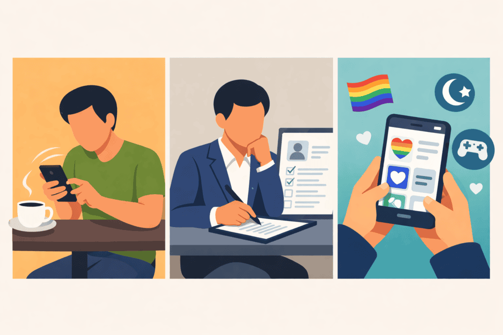 Split illustration showing casual dating, serious relationship dating, and niche dating app usage
