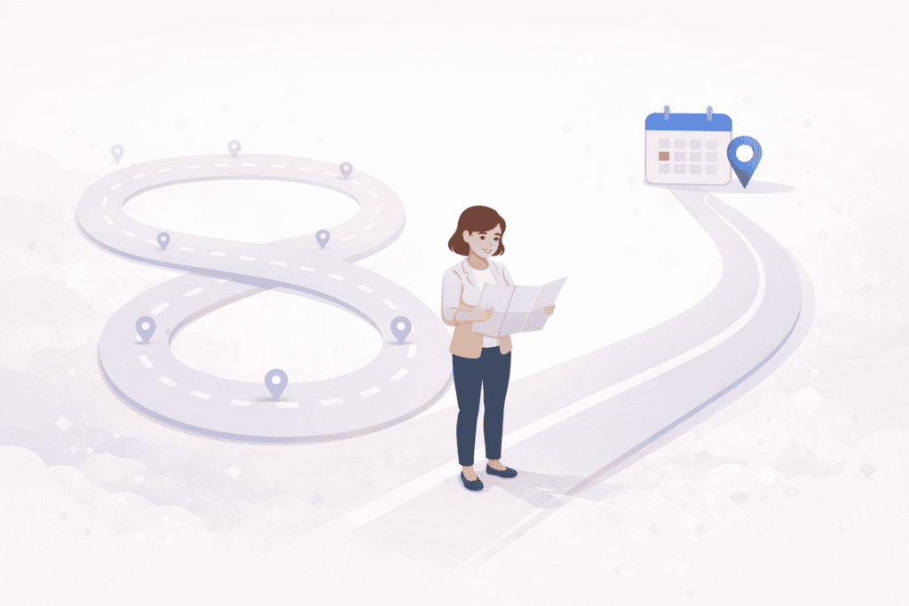 Conceptual illustration of leaving a repetitive dating app loop and moving toward a real-life date
