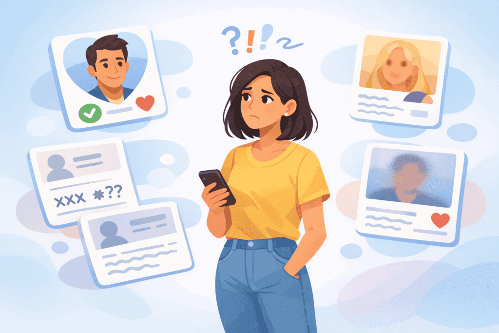 Woman confused by dead-end dating app conversations and lack of engagement