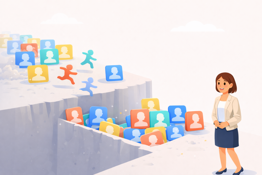 Illustration showing profiles dropping out of a dating pool as it narrows,