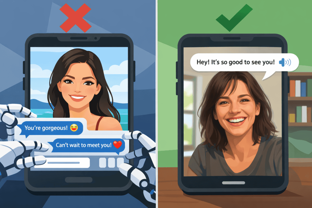 Split illustration showing fake dating app chats versus a real video call with a verified, genuine person.
