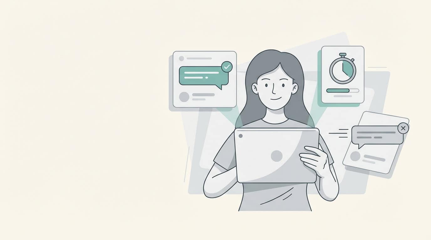 Illustration of a woman using dating apps thoughtfully without burnout