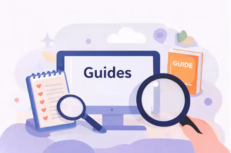 Illustrated computer screen labeled “Guides” with magnifying glasses, a checklist notebook, and a guidebook, representing structured research and step-by-step dating guides.