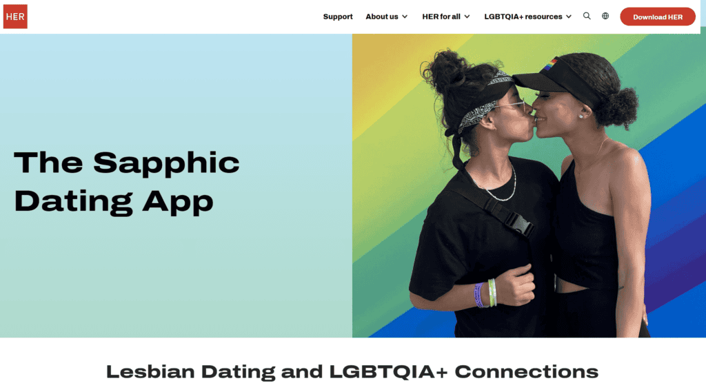 HER official website section describing the app as a sapphic dating platform for LGBTQIA+ connections.