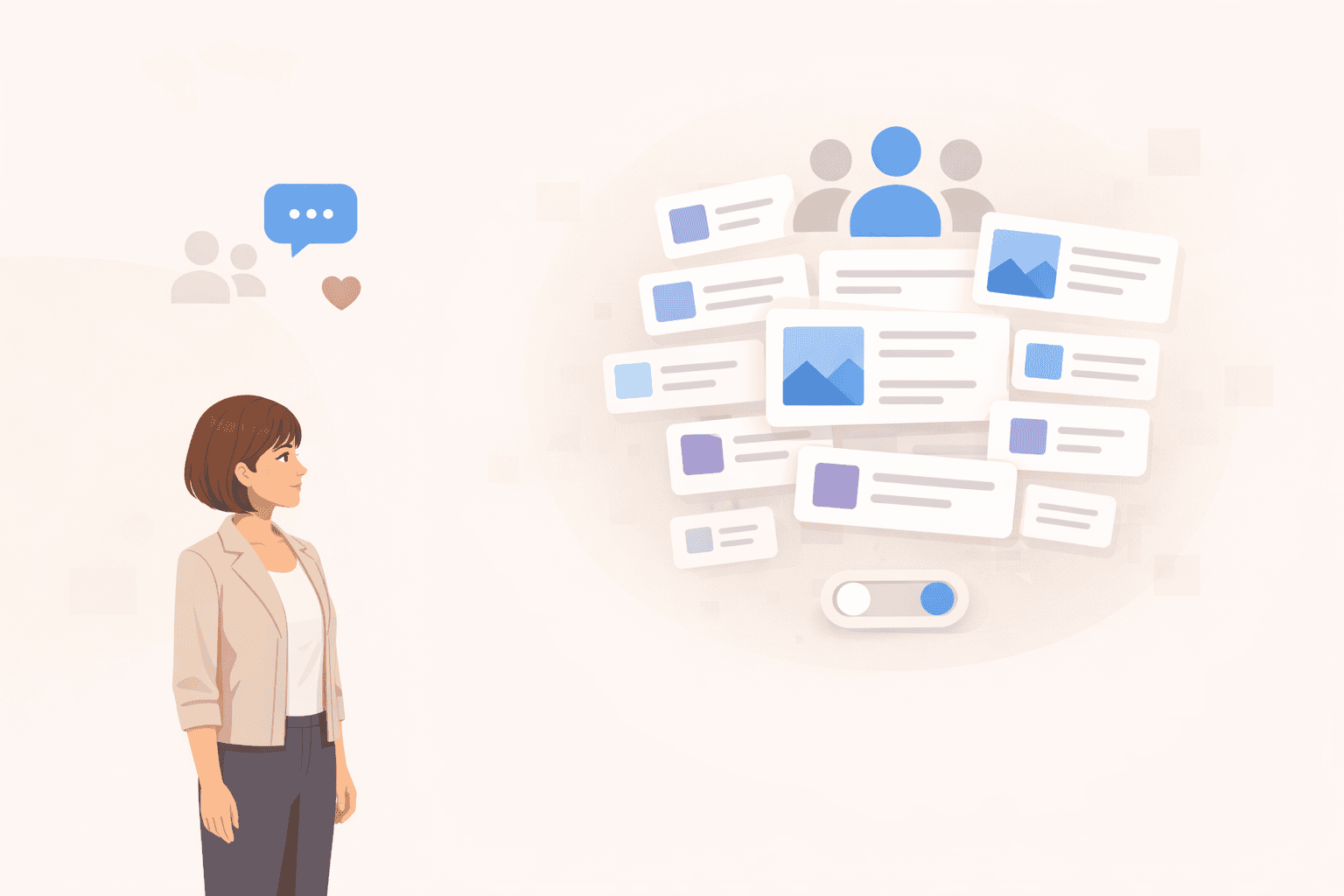 Editorial illustration showing a user facing a dense community feed versus simple one-to-one messaging on HER.