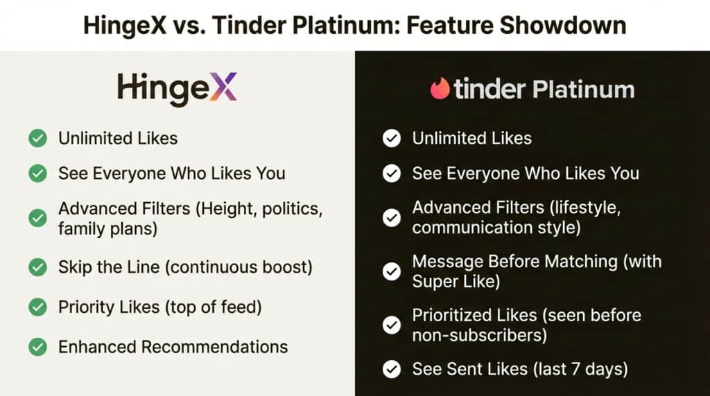 Feature comparison table for HingeX and Tinder Platinum