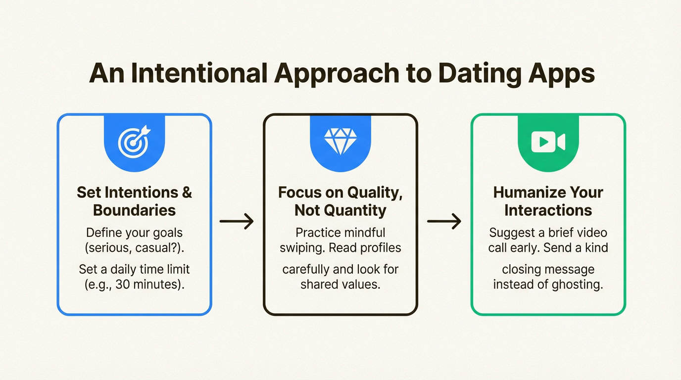 Graphic outlining an intentional approach to using dating apps
