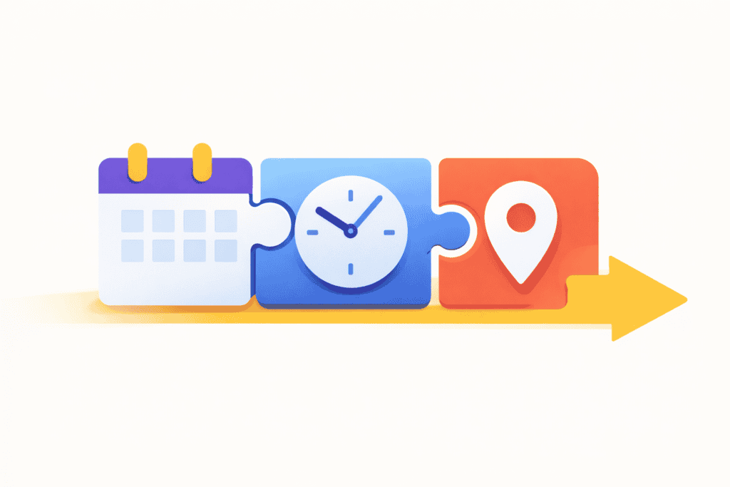 Illustration of a calendar, clock, and location pin aligning into a clear path