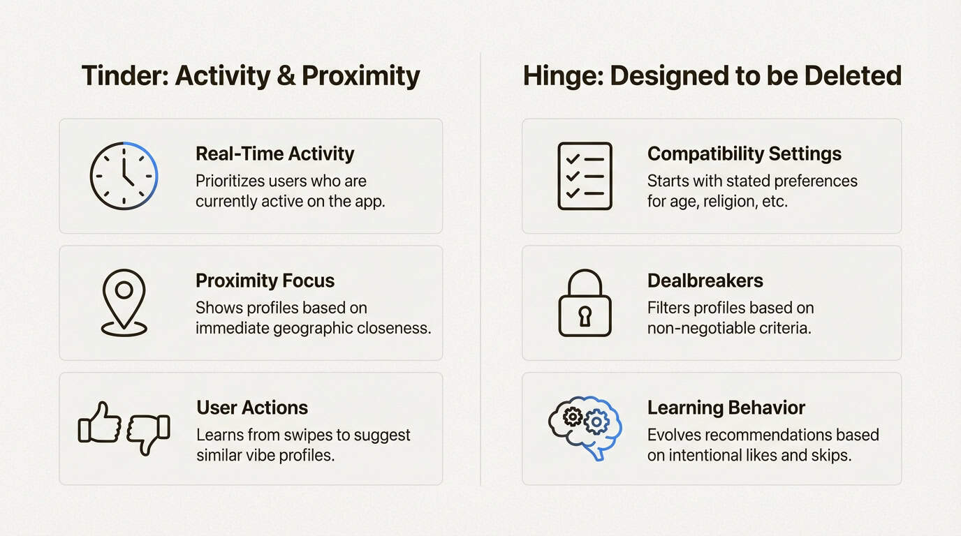 Comparison of how Tinder and Hinge rank profiles using different systems
