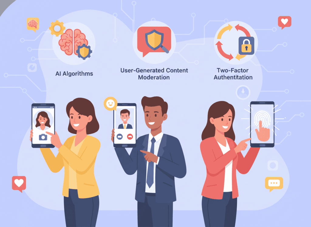 A modern flat illustration depicting various common verification methods used in dating apps. 