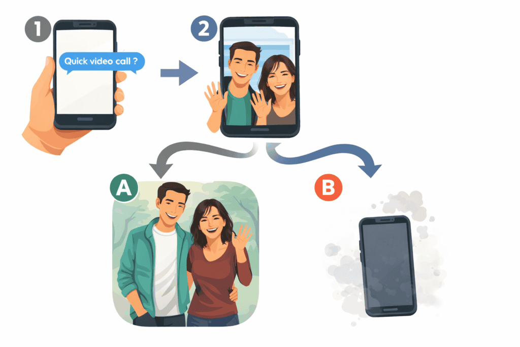 Illustration showing a video call suggestion leading to either a real-life meeting or a ghosted connection.