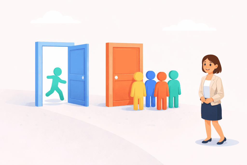 Illustration showing one profile passing through an open door while others wait at a closed door