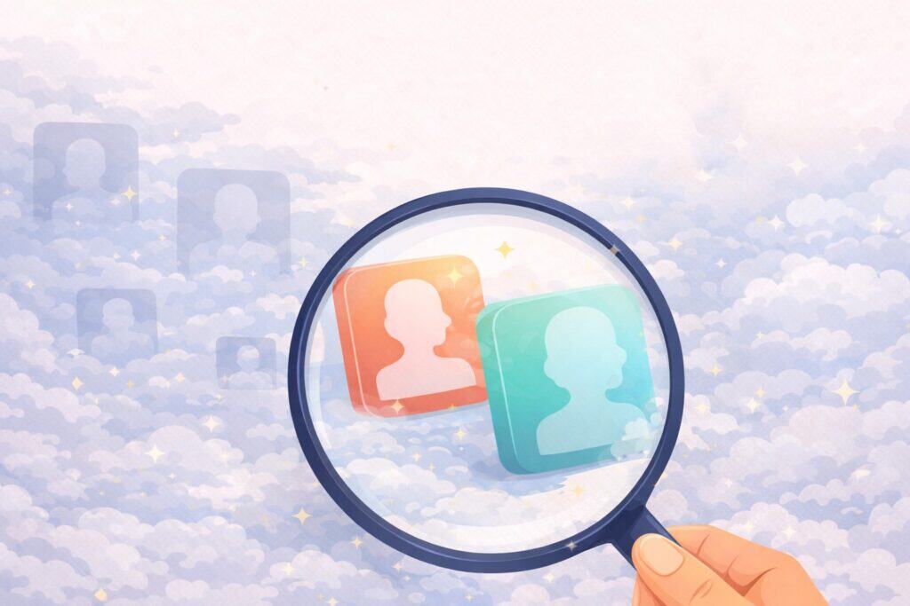 Magnifying glass inspecting abstract dating profiles hidden in clouds to check visibility