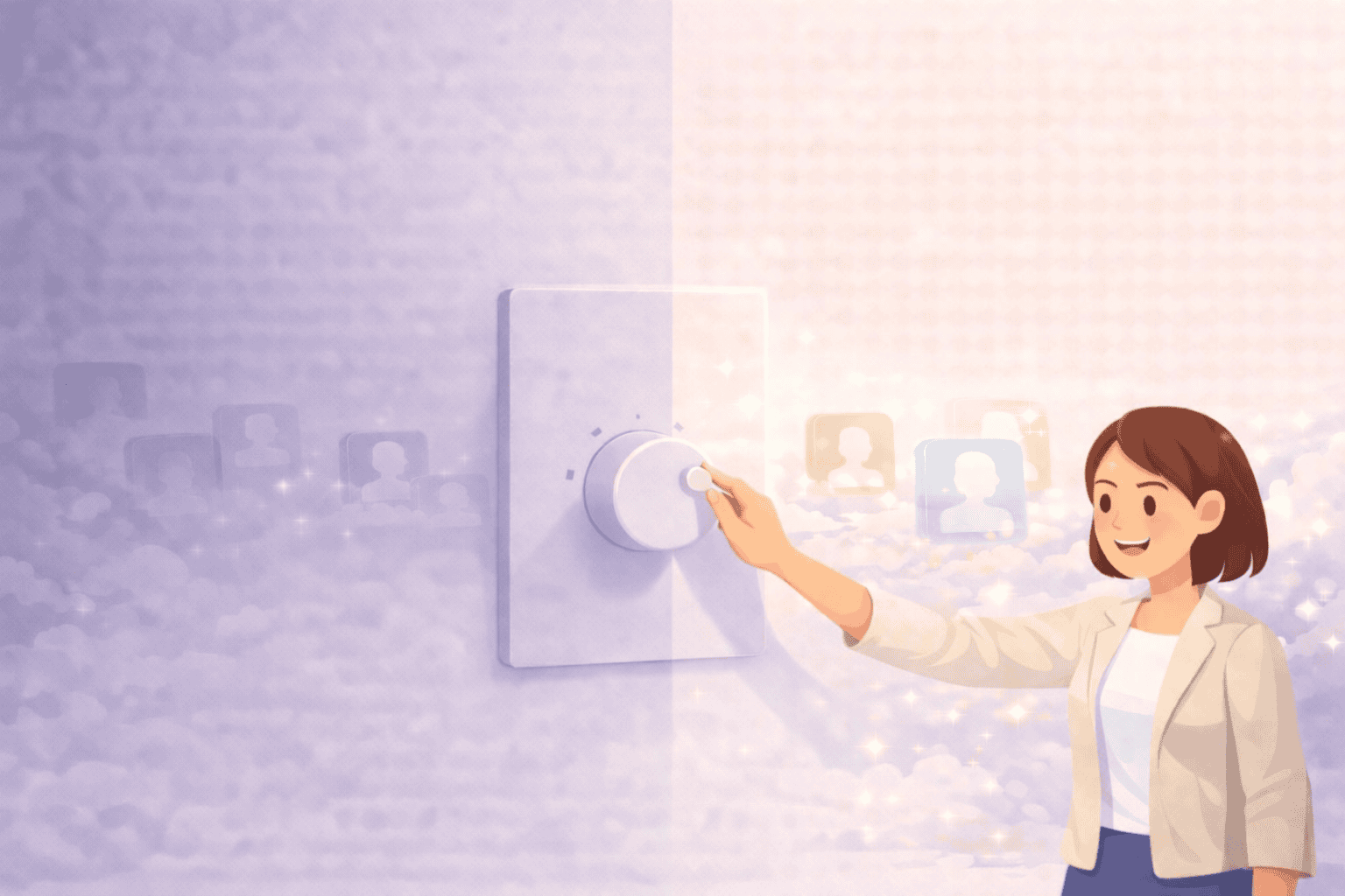 Illustration showing reduced Tinder profile visibility turning clear again as profiles emerge from clouds