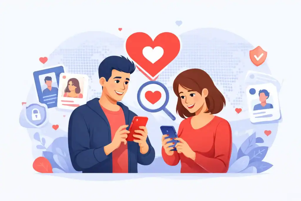 Illustration of people browsing dating apps on phones with profile matches and safety symbols, representing honest dating app reviews and comparisons.