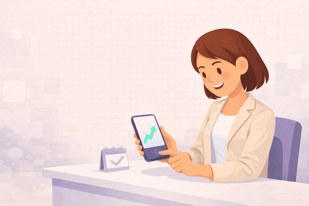 Illustration of person checking if the  tinder shadowban reset worked, with a phone showing upward trend graph 