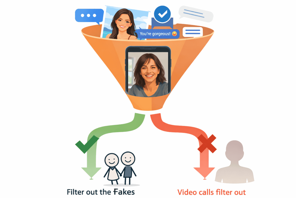 Illustration showing a funnel filtering dating app signals into a video call, separating real connections from fake profiles.