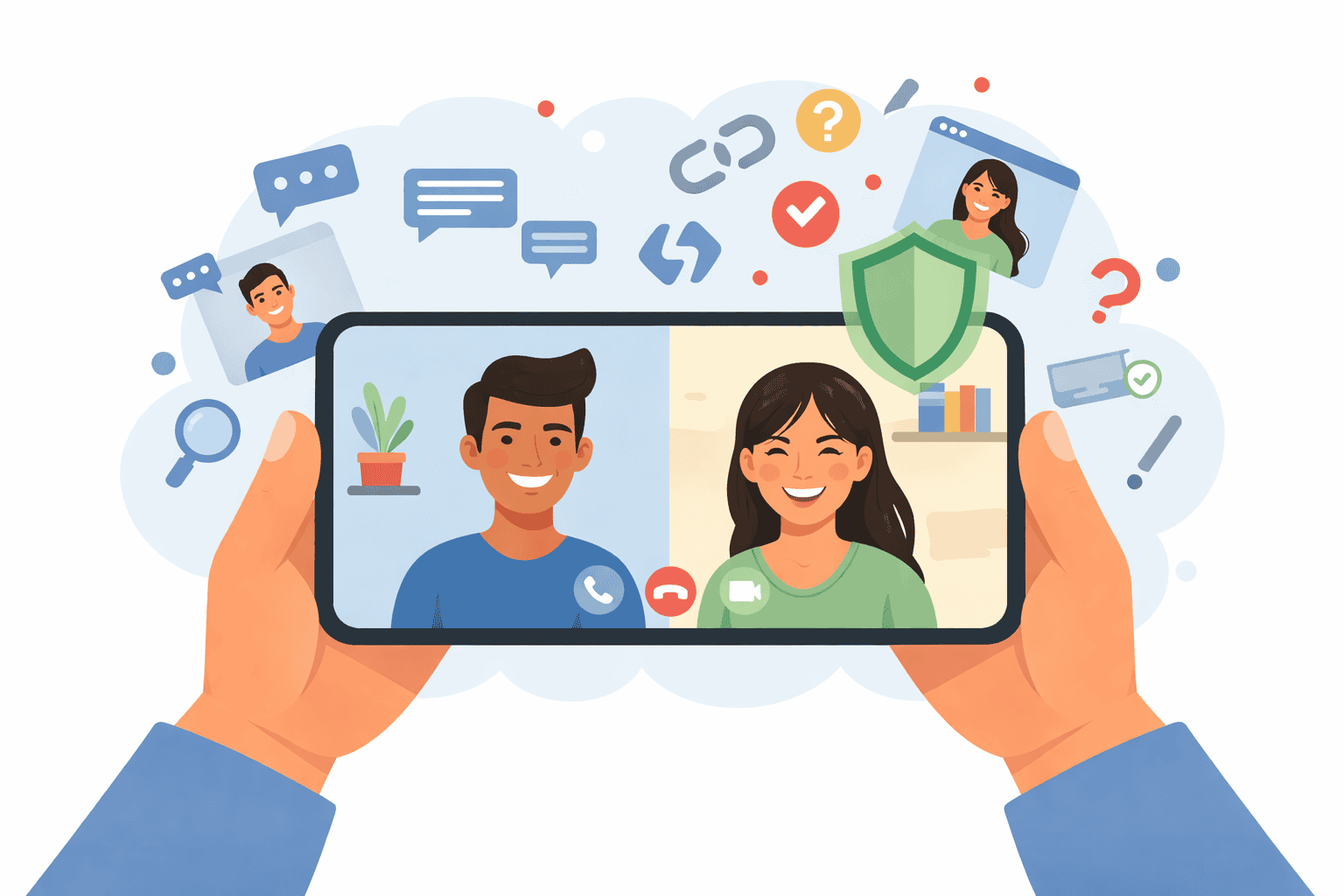 Illustration showing a live video call used to verify identity and avoid catfishing on dating apps.