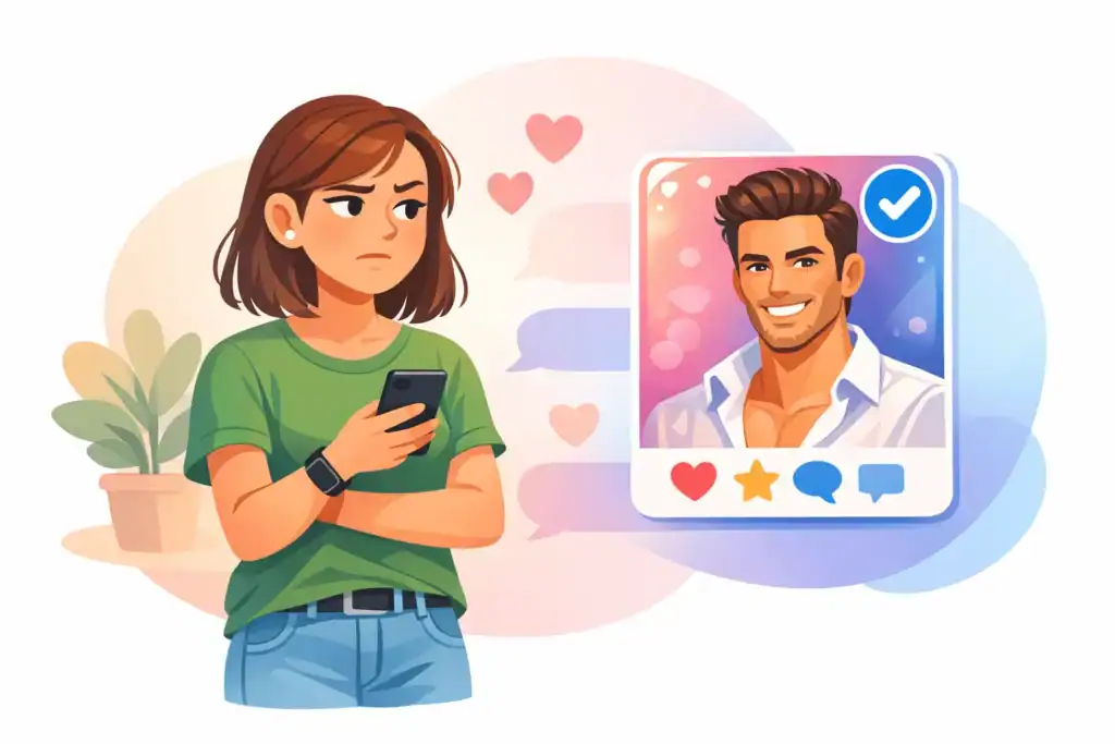 Woman skeptically looking at a verified dating app profile on her phone