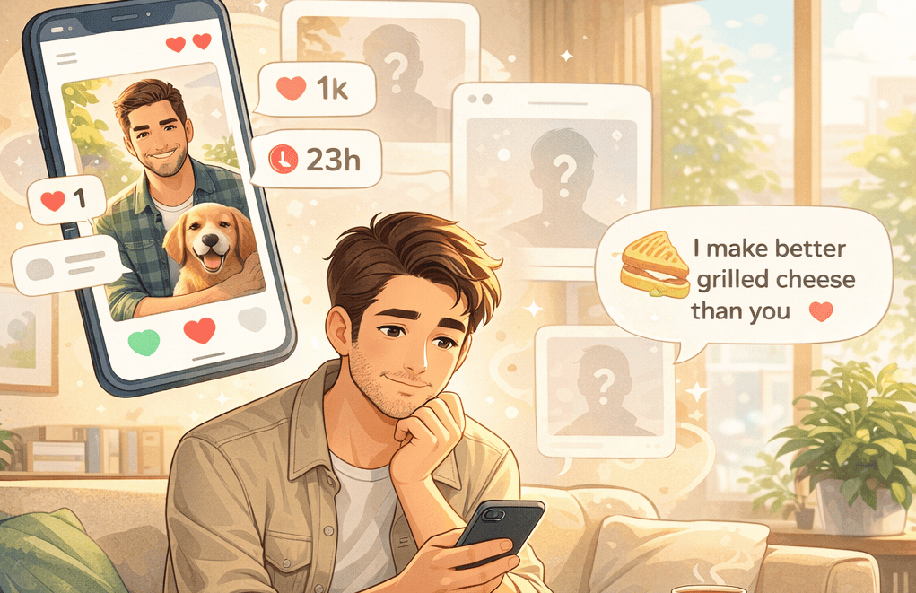 Average guy online dating success story showing man and woman on coffee date discussing dating app profile with match notification and conversation about shared interests