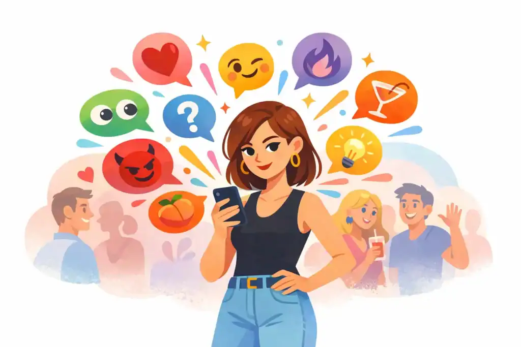 Woman successfully using tinder openers with diverse message bubbles showing replies from varied openers