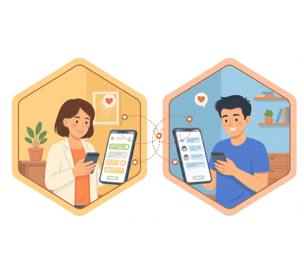 Two Bumble users in separate locations chatting and matching through the app