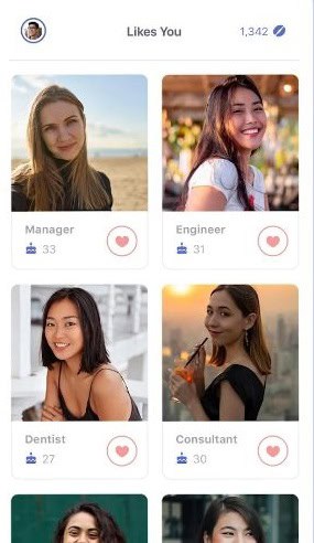 Coffee Meets Bagel Likes You screen showing profile cards with age, job titles, and heart icons