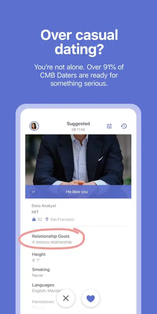 Coffee Meets Bagel Suggested profile screen highlighting relationship goals set to serious relationship
