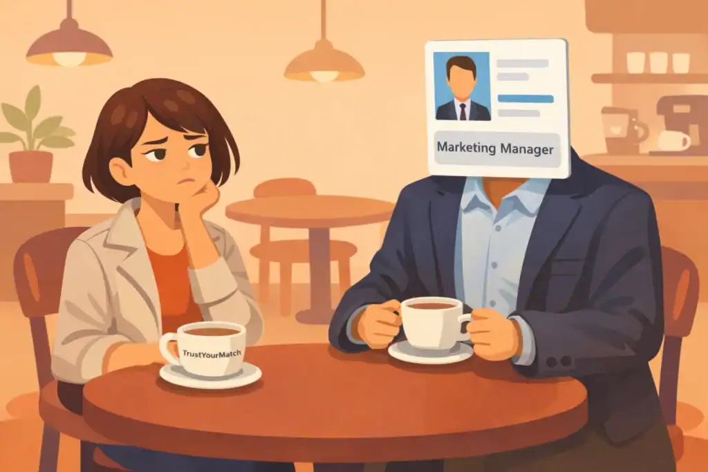 Why Dating App Conversations Die explaing with ilustration of woman at cafe date with LinkedIn profile replacing person's head showing job interview dynamic