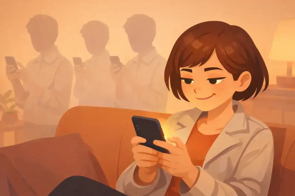 Woman with dating app finding real conversation among generic repetitive matches