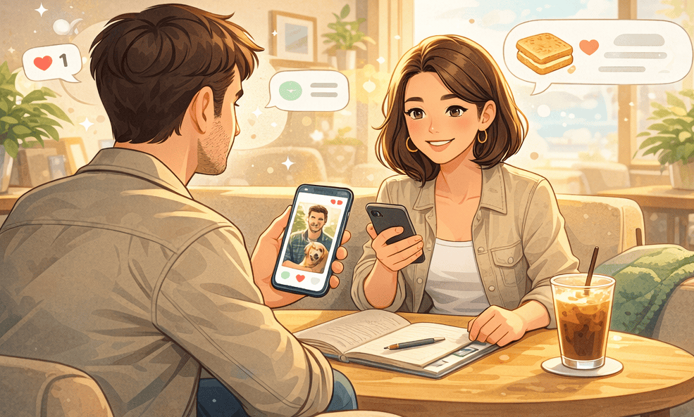 Average guy online dating profile strategy with specific bio detail about making grilled cheese standing out among generic profiles with question marks showing invisible competition
