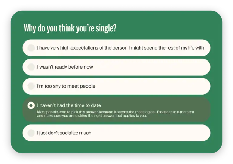 eharmony compatibility quiz asking Why do you think you're single with multiple choice answers