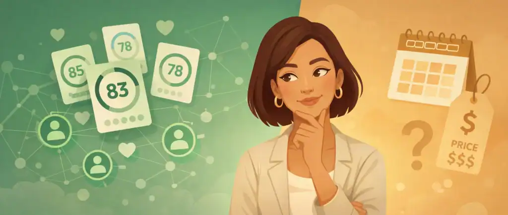 Woman deciding if eHarmony is worth it with compatibility scores and pricing on each side