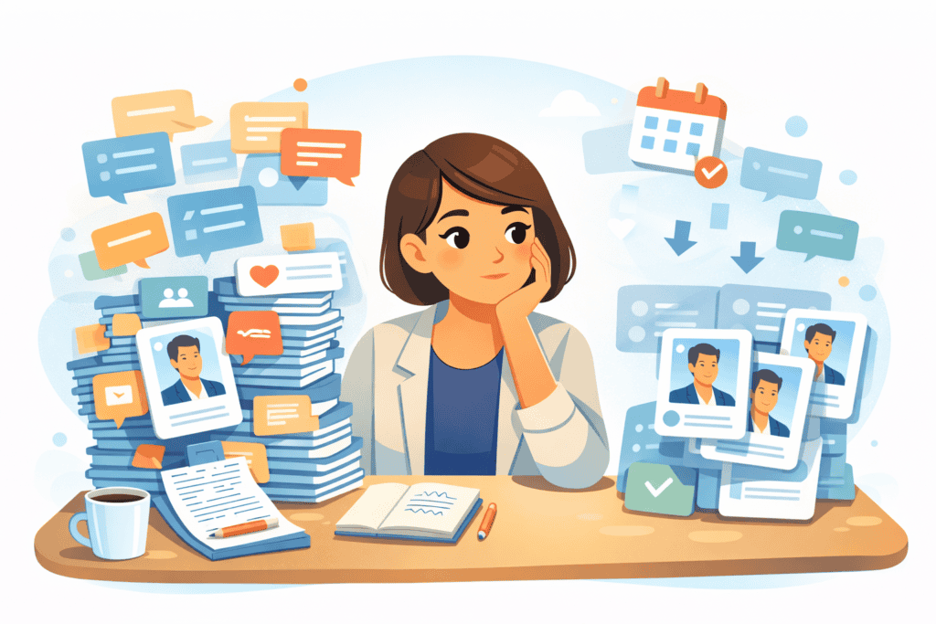 illustration showing effort versus results on a dating app, with repeated profile cards and diminishing returns, explaining when paying for Hinge stops making sense.