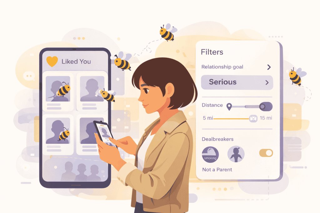 Woman using Bumble Premium's Liked You queue and advanced filters to find matches