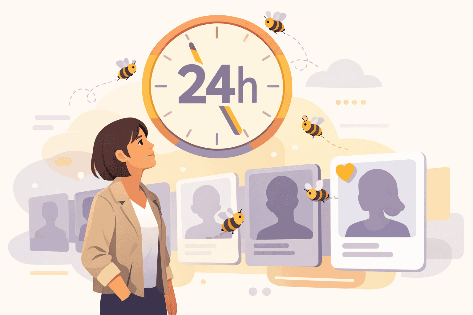 Bumble's 24-hour match timer with profile cards showing expiration constraint
