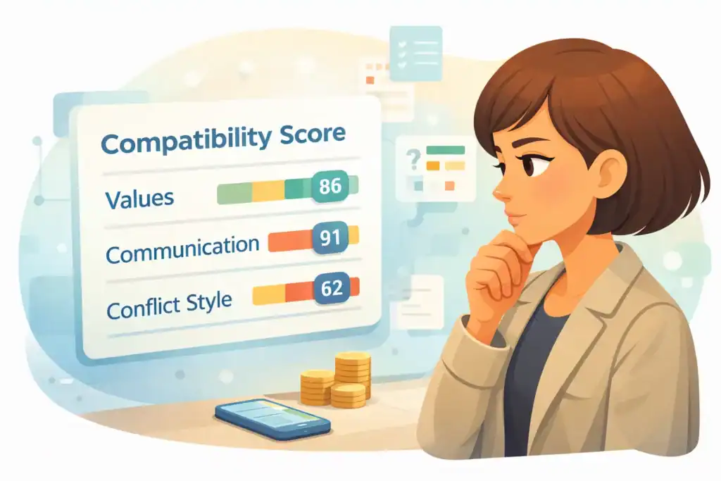 Woman evaluating eHarmony compatibility score breakdown for values communication and conflict style 