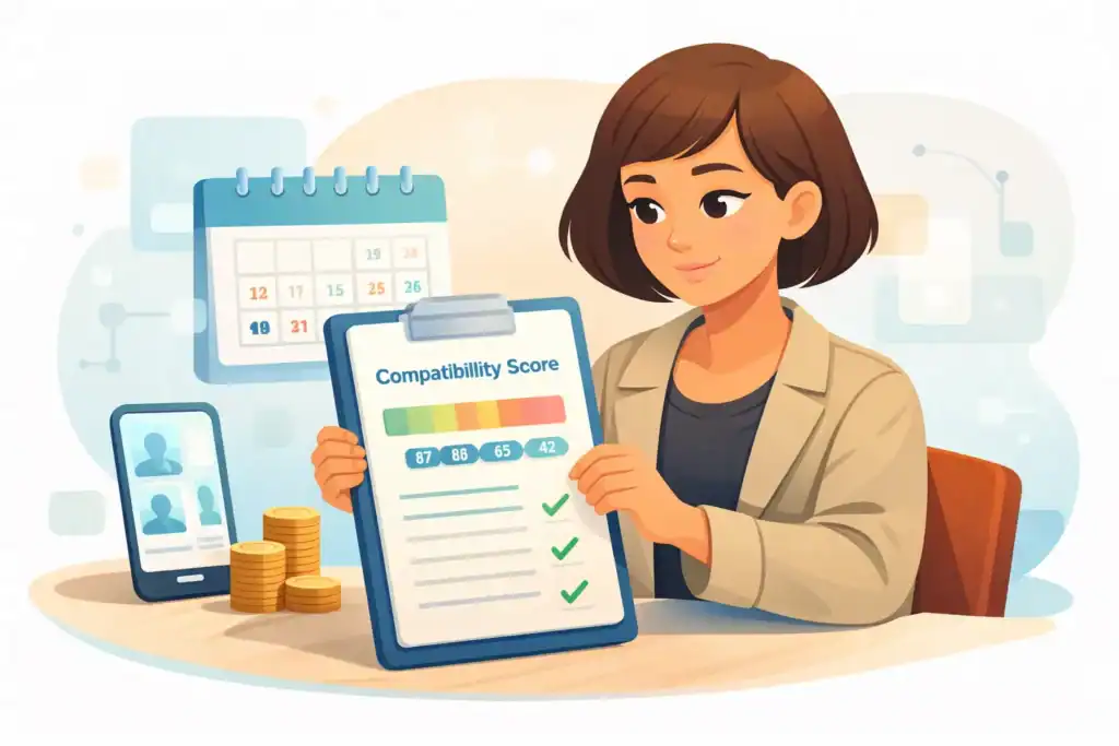Woman reviewing eHarmony compatibility quiz results and match checklist