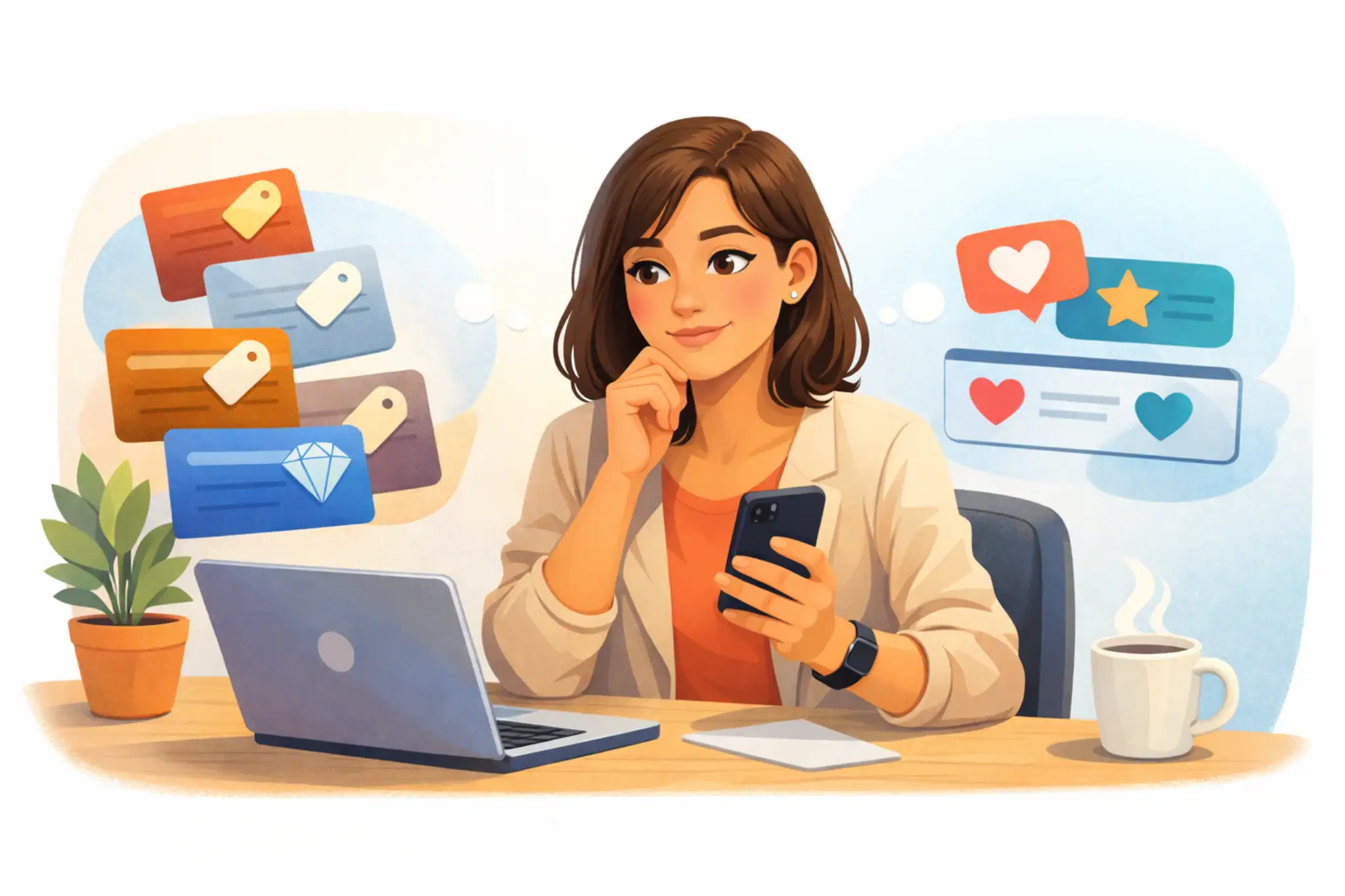 Woman comparing Match.com subscription tiers and free features on laptop and smartphone before deciding if Match is worth paying for