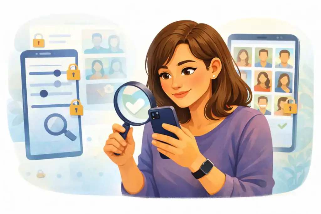 Woman checking Match.com profile verification, safety indicators and report options inside dating app