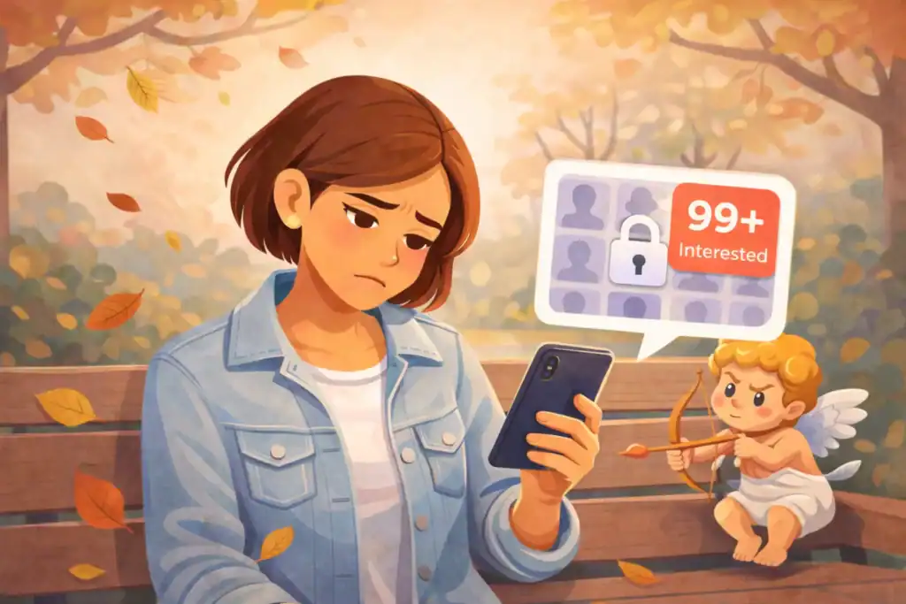 Woman on park bench seeing 99 plus interested notification on OkCupid with locked profiles behind paywall
