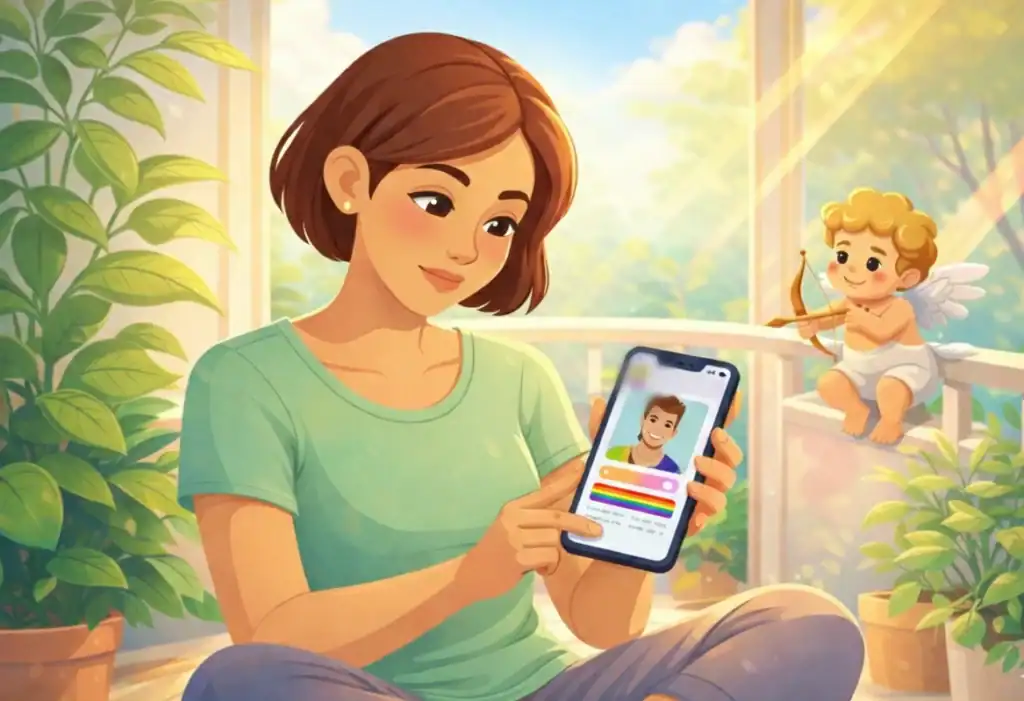 Woman happily browsing OkCupid LGBTQ identity options and compatibility features on her phone in 2026